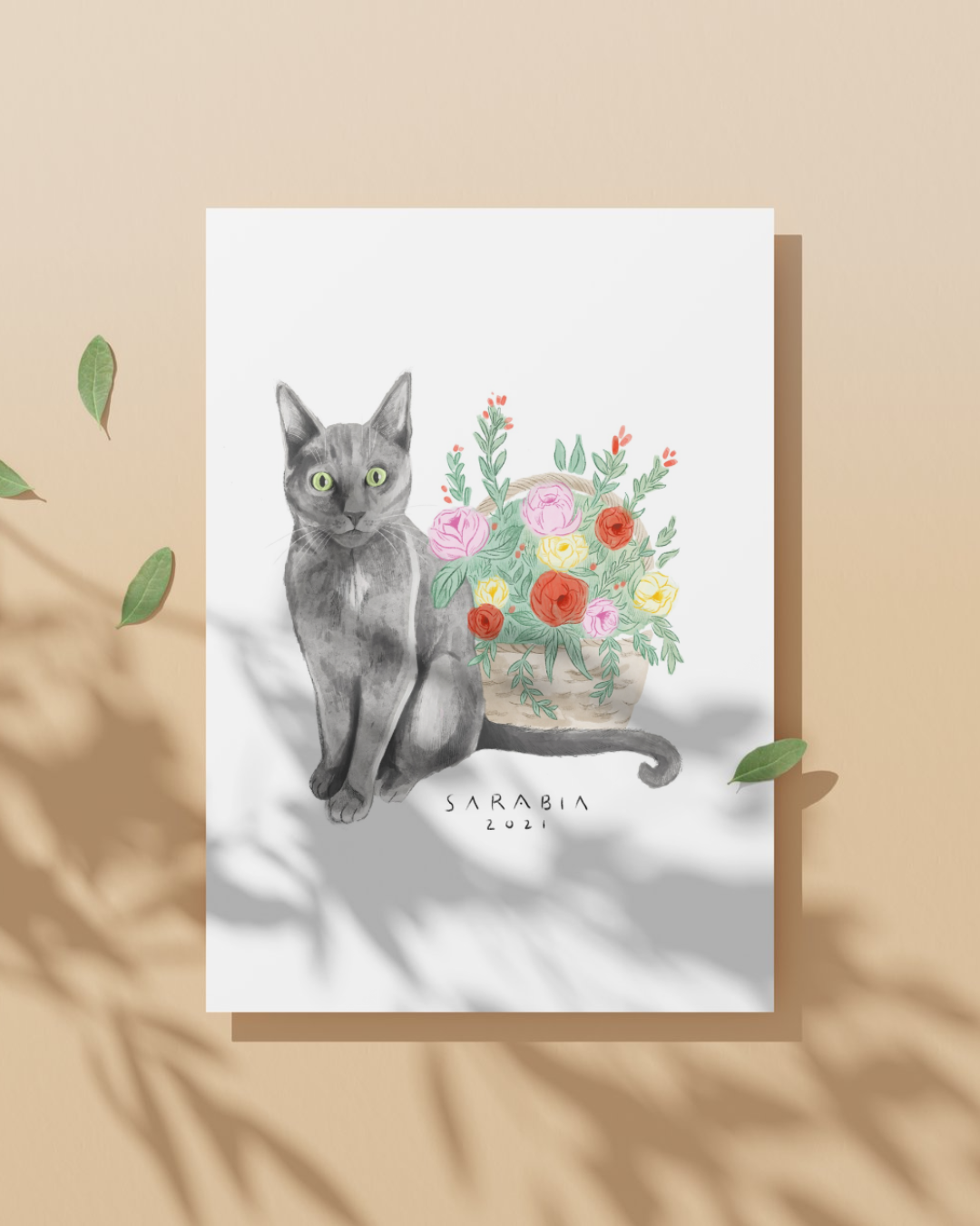 Lámina Gato negro cesta de flores