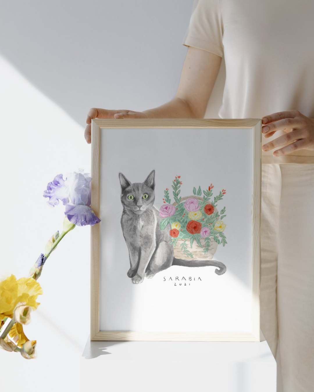 Lámina Gato negro cesta de flores