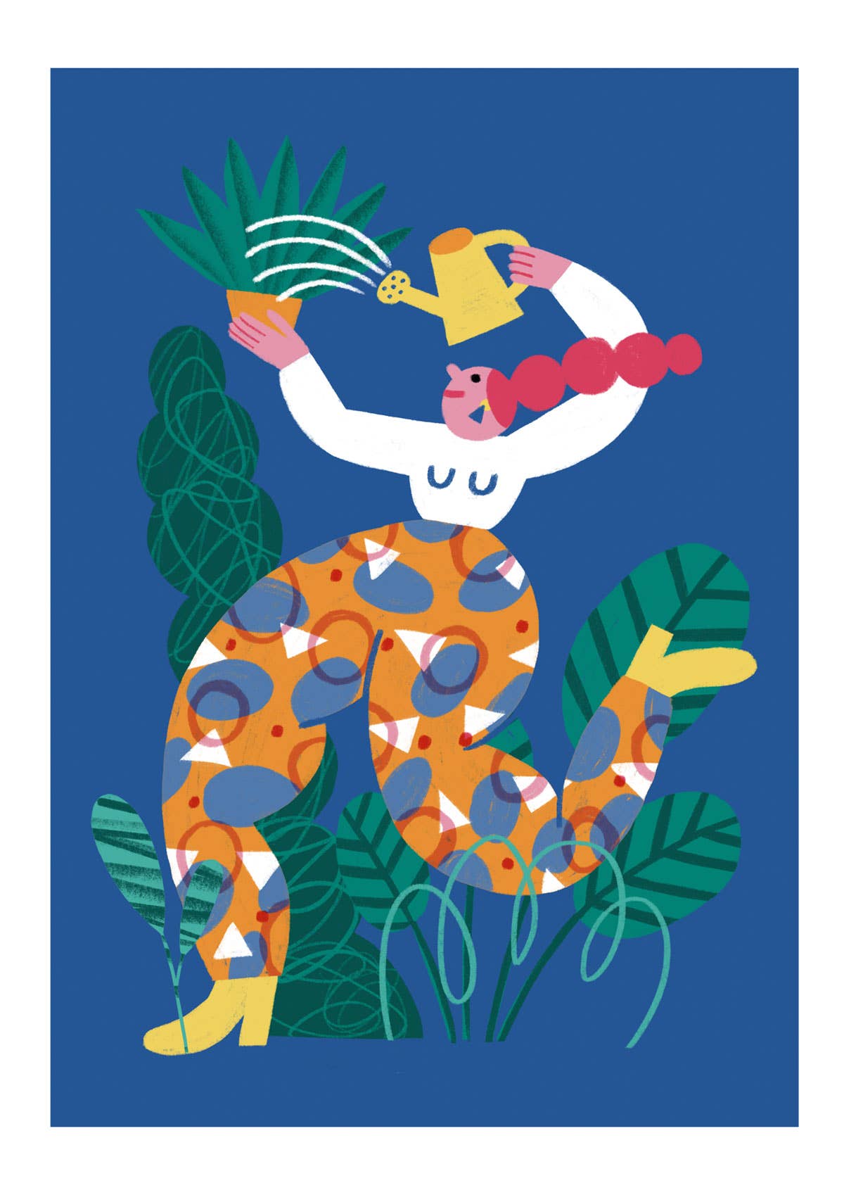 Lámina Regando las plantas con pantalones guays