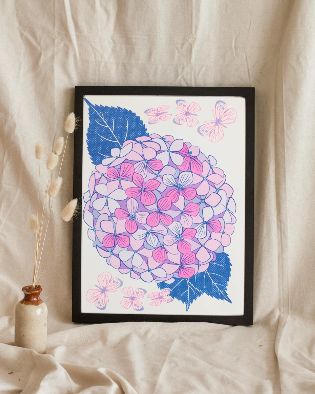 Lámina Hortensias rosas risografía