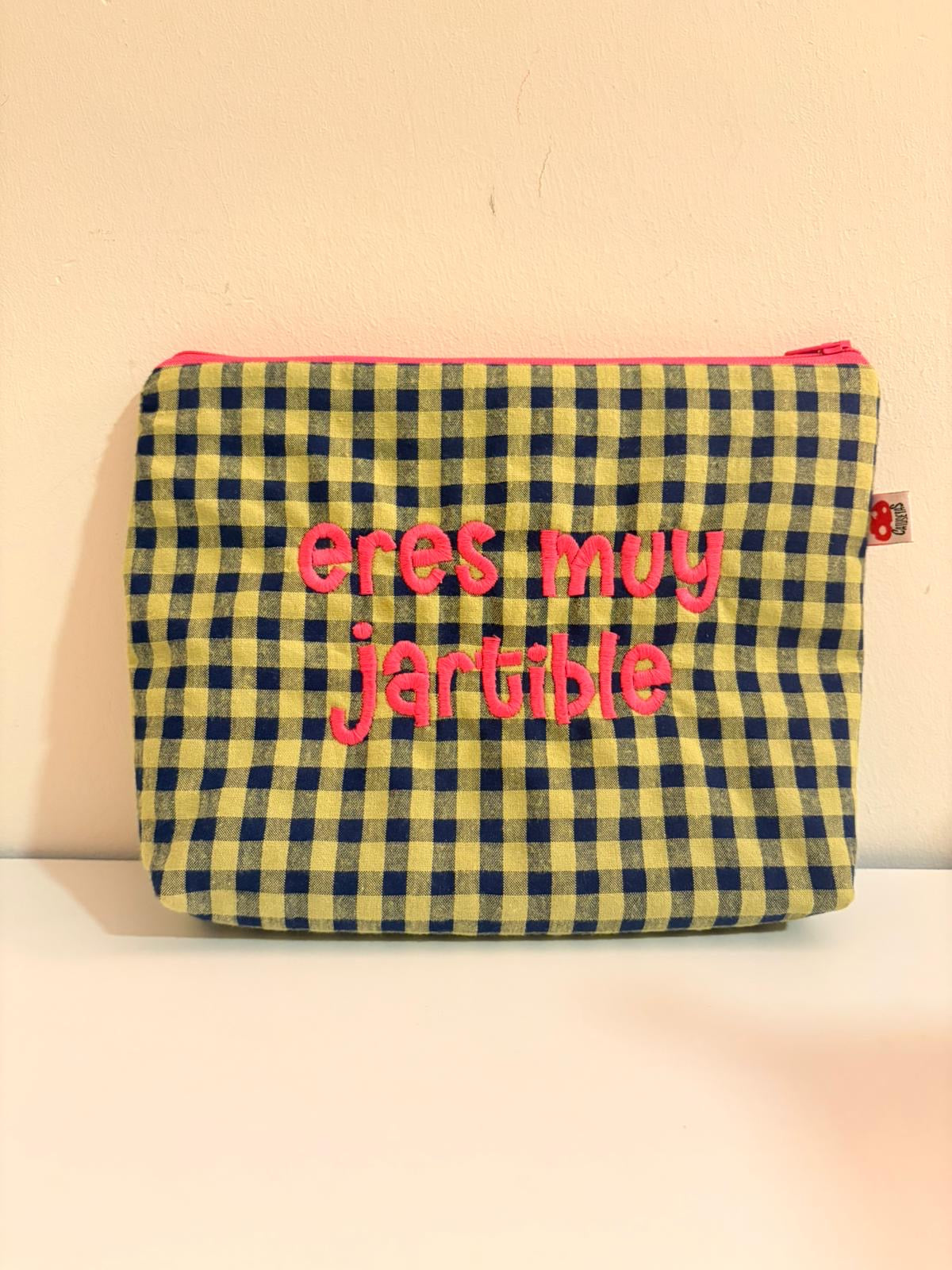 Vichy verde azul letra rosa - eres muy jartible - Neceser