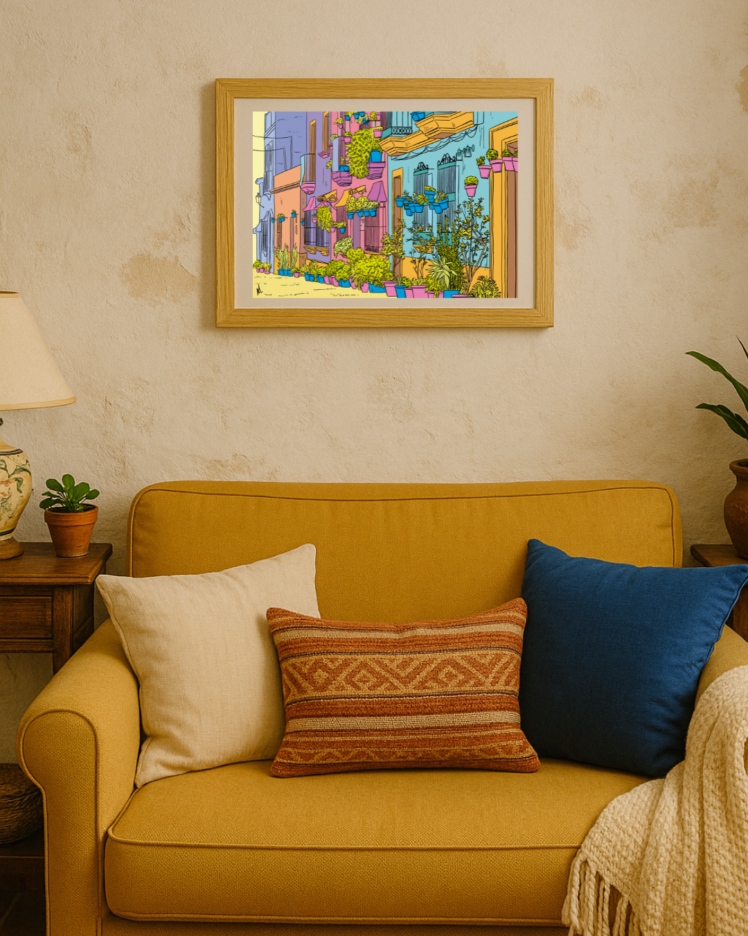 Lámina Barbate y su calle con plantas