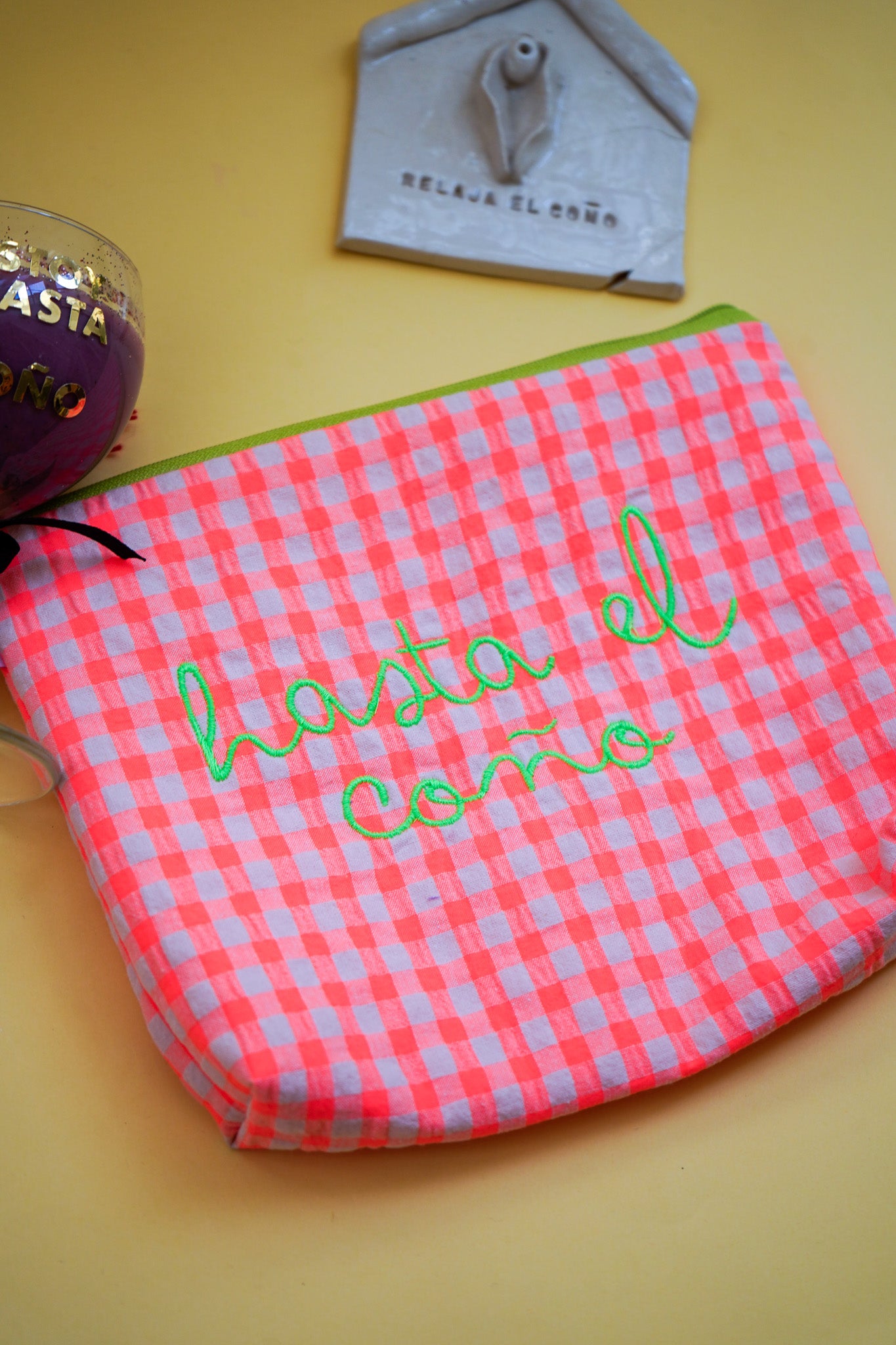 Vichy naranja letra verde - Hasta el coño - Neceser flúor