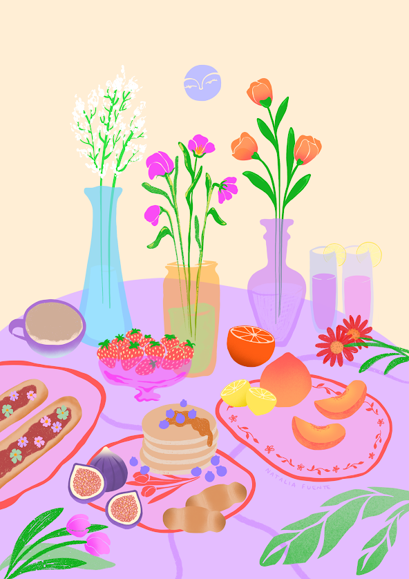 Lámina merienda con flores (fondo beige A5)