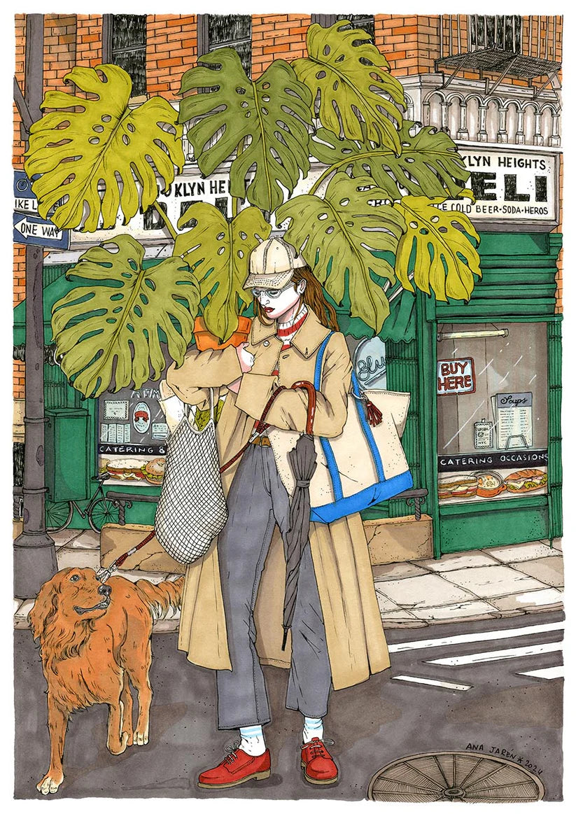 Lámina A4 Mujer con monstera y perro