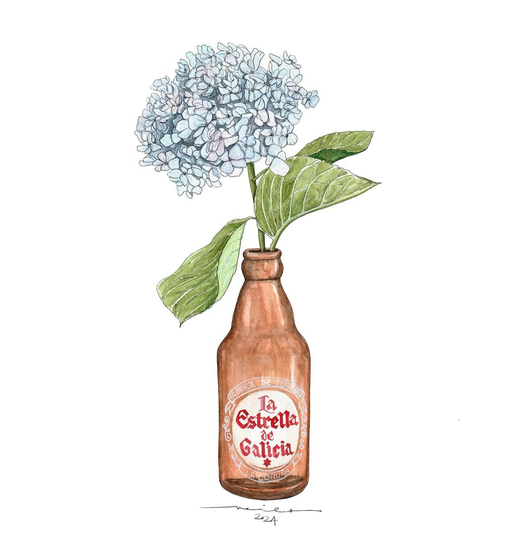 Lámina Botellín Estrella Galicia con flores hortensia