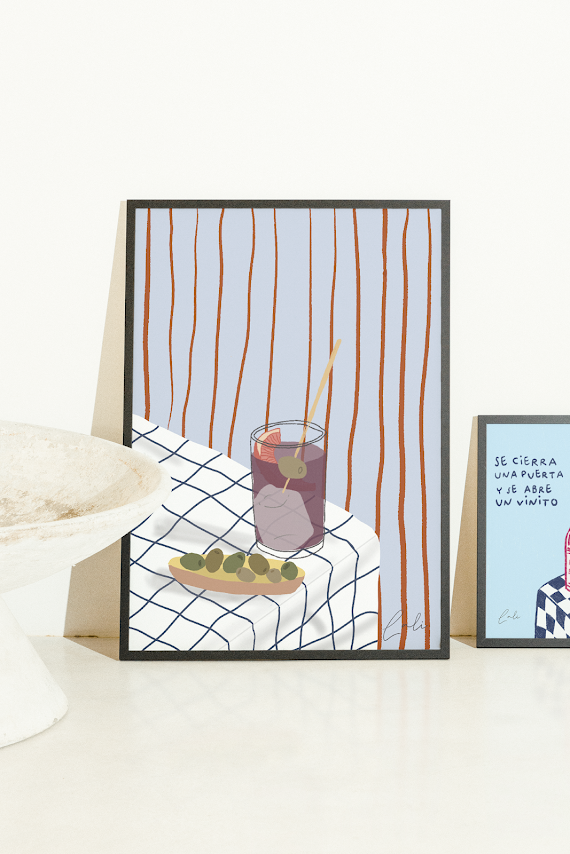 Lámina Vasito de vermú y pincho de aceituna