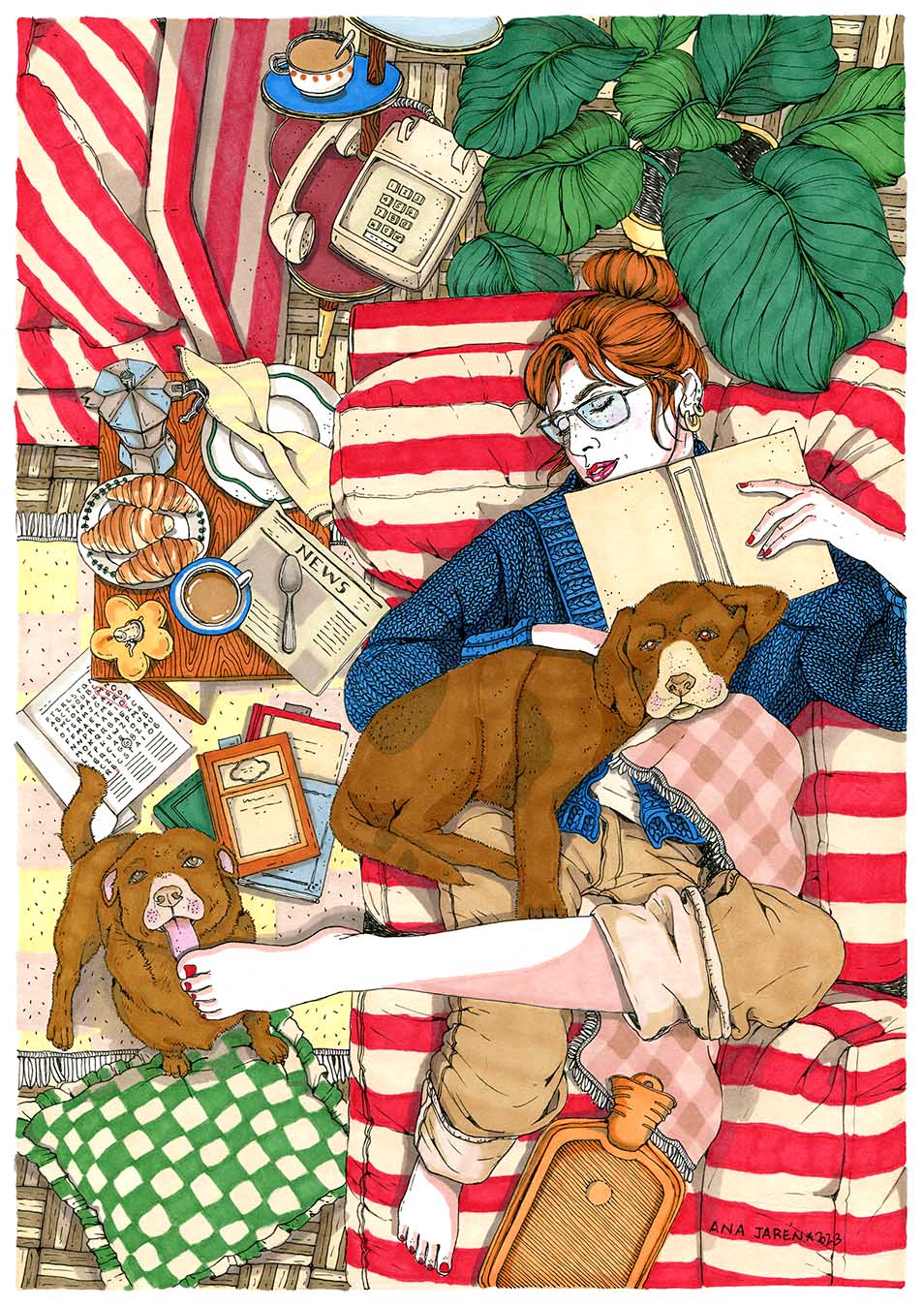 A4 sheet Girl sofa and dogs