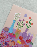 Lámina merienda con flores (fondo beige A5)