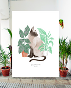Lámina Gato blanco siamés con plantas