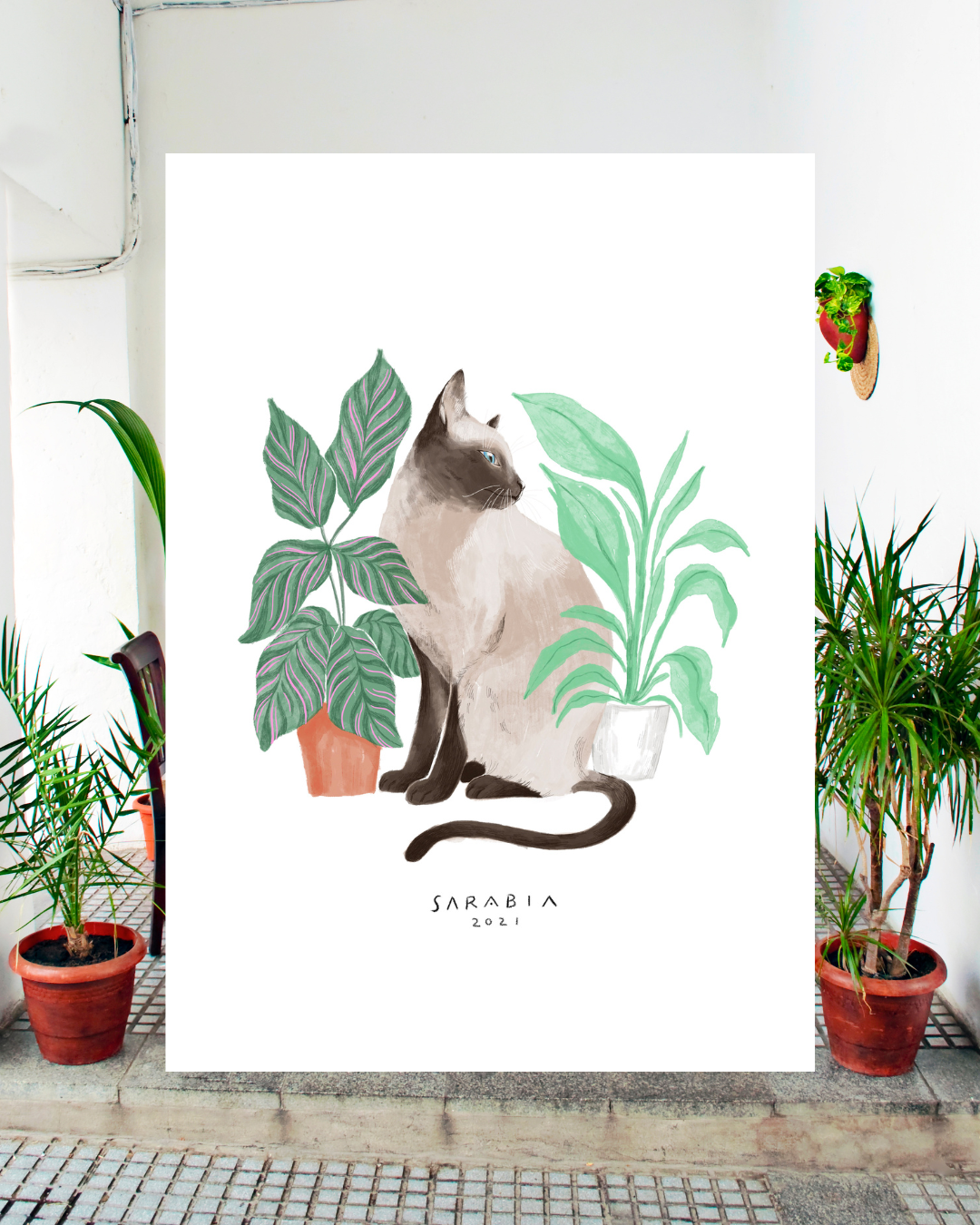 Lámina Gato blanco siamés con plantas