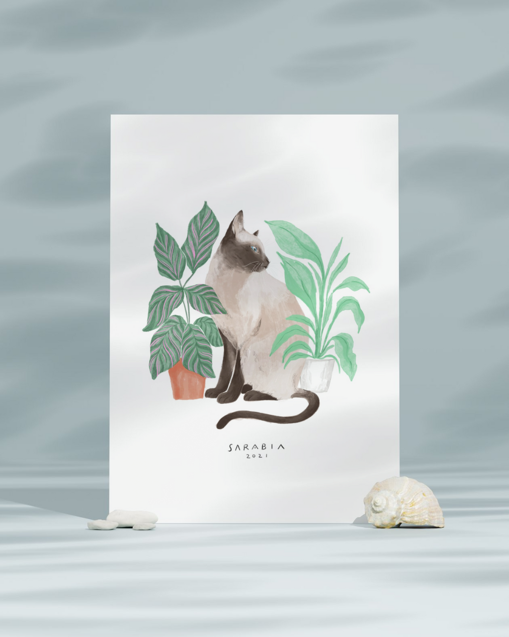 Lámina Gato blanco siamés con plantas