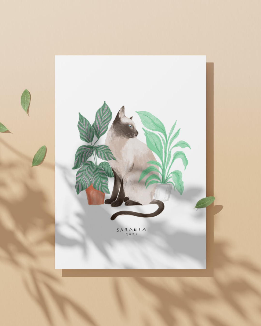 Lámina Gato blanco siamés con plantas