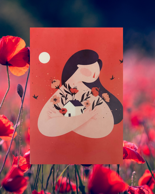 Postal Chica abrazando casa