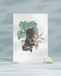 Lámina Gato negro peludo con planta monstera