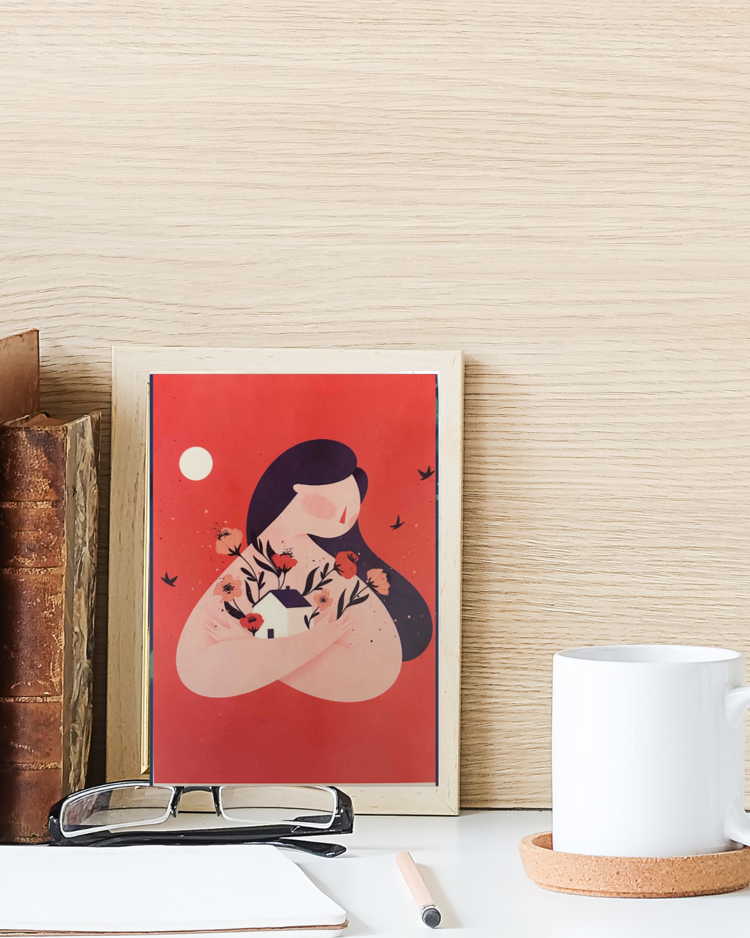 Postal Chica abrazando casa