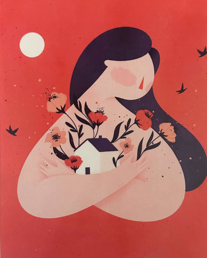 Postal Chica abrazando casa