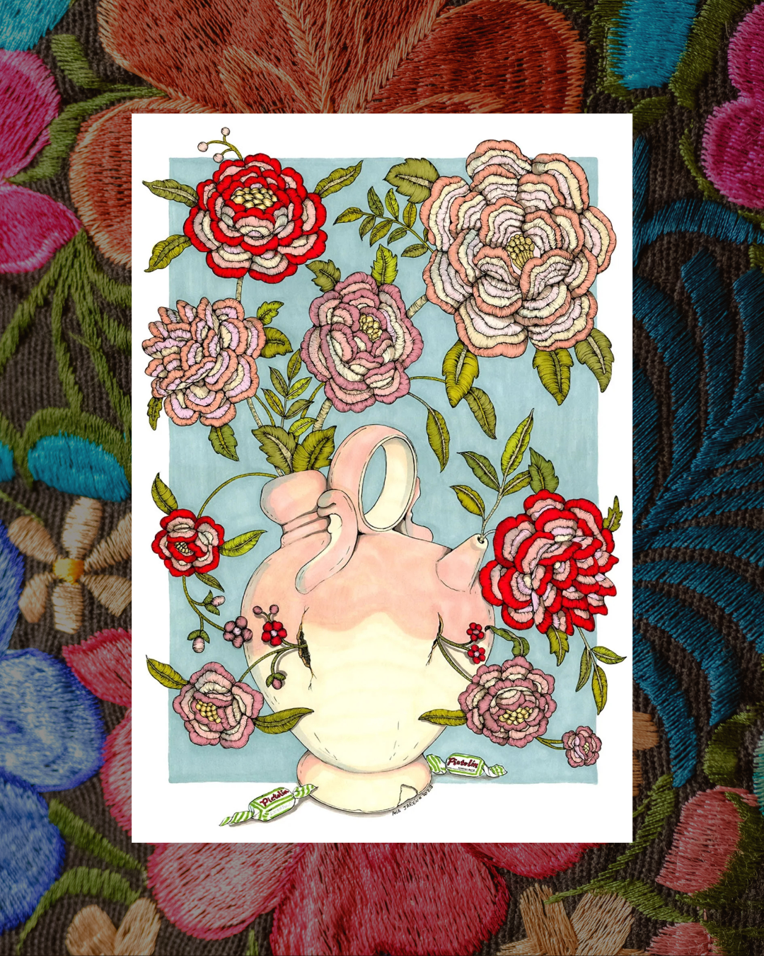Lámina botijo flores bordadas