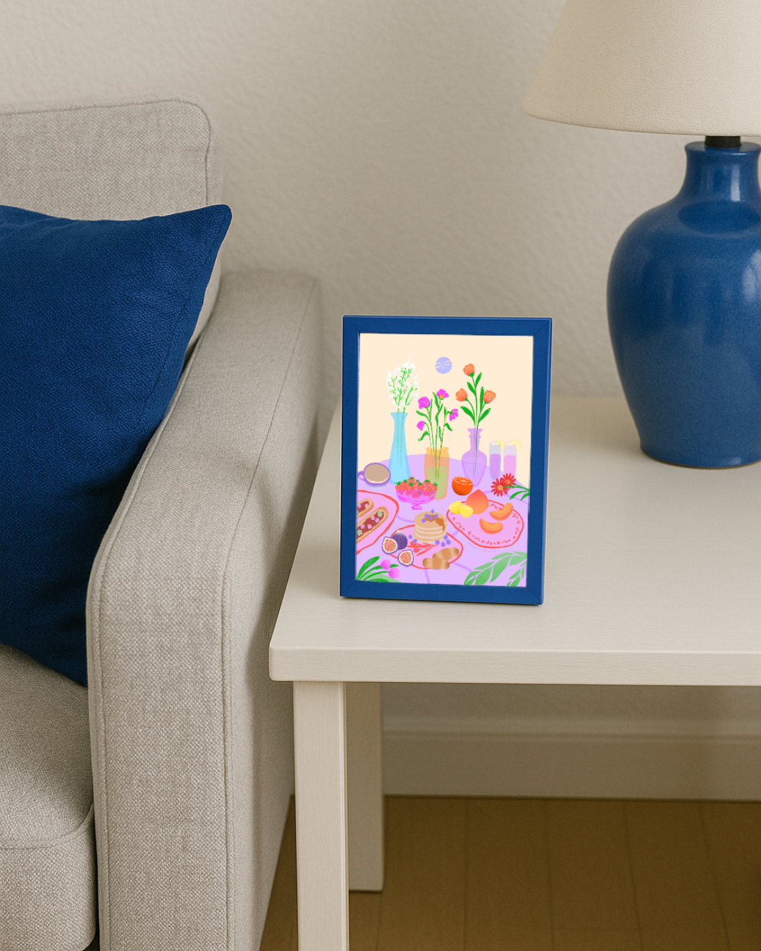 Lámina merienda con flores (fondo beige A5)
