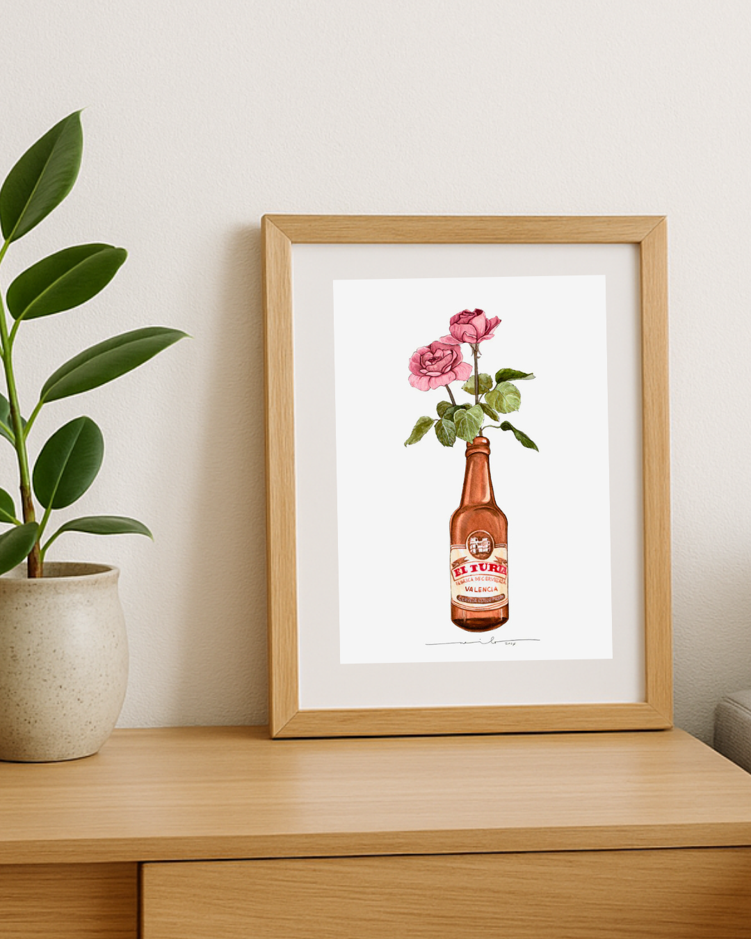 Lámina botellín El Turia con rosas rosas