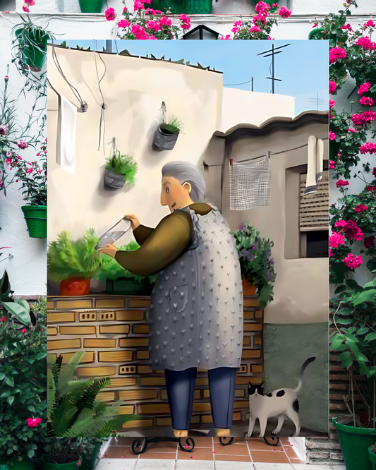 Grandmother watering the plants print
