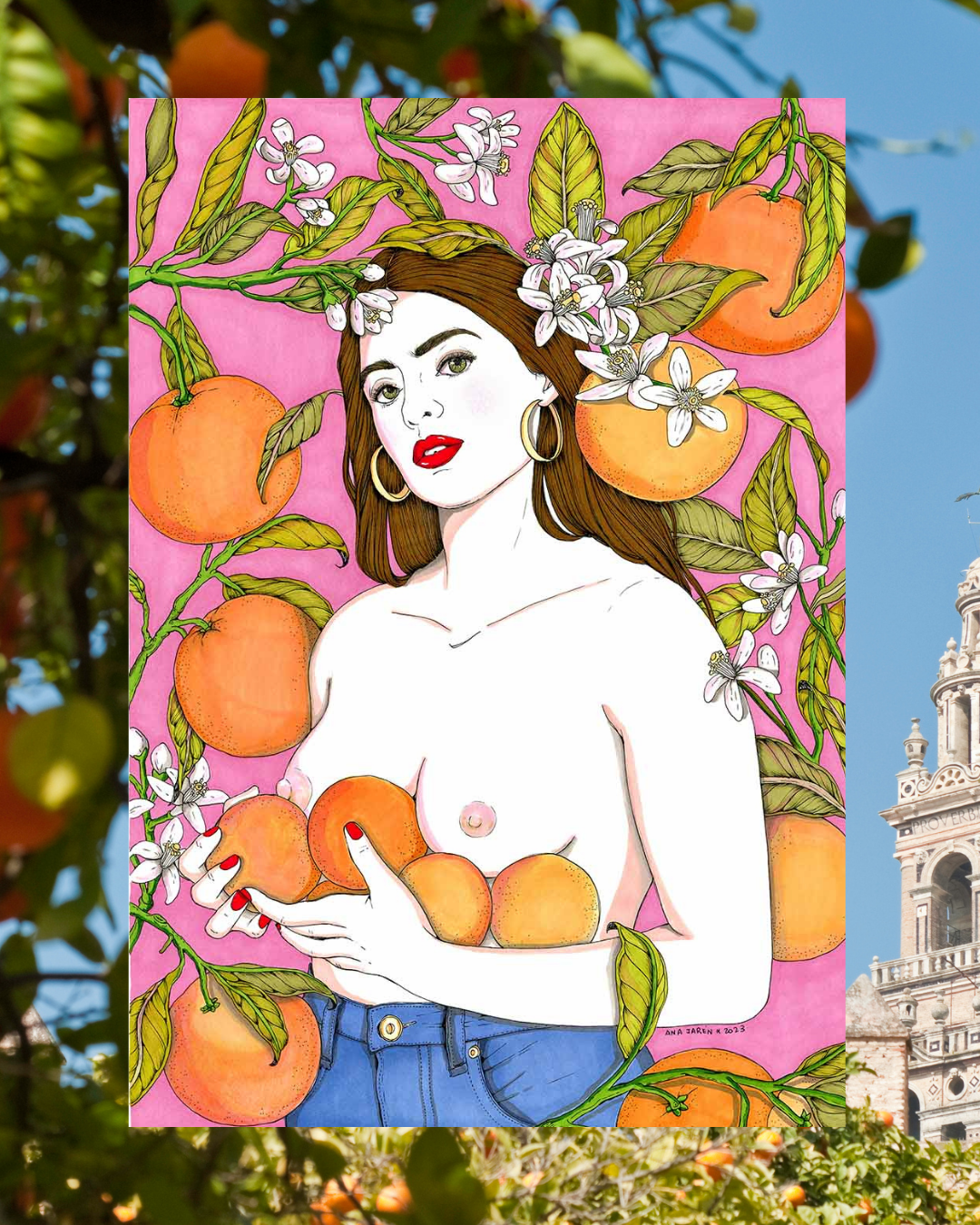 Lámina Mujer con naranjas