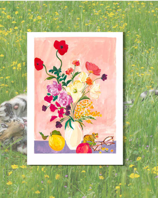 Lámina Jarrón de flores, tigre, limón, gafas