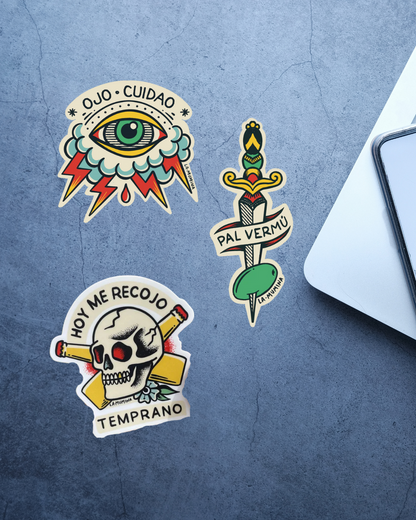 Pegatinas Hoy me recojo temprano, ojo cuidao y pal vermú