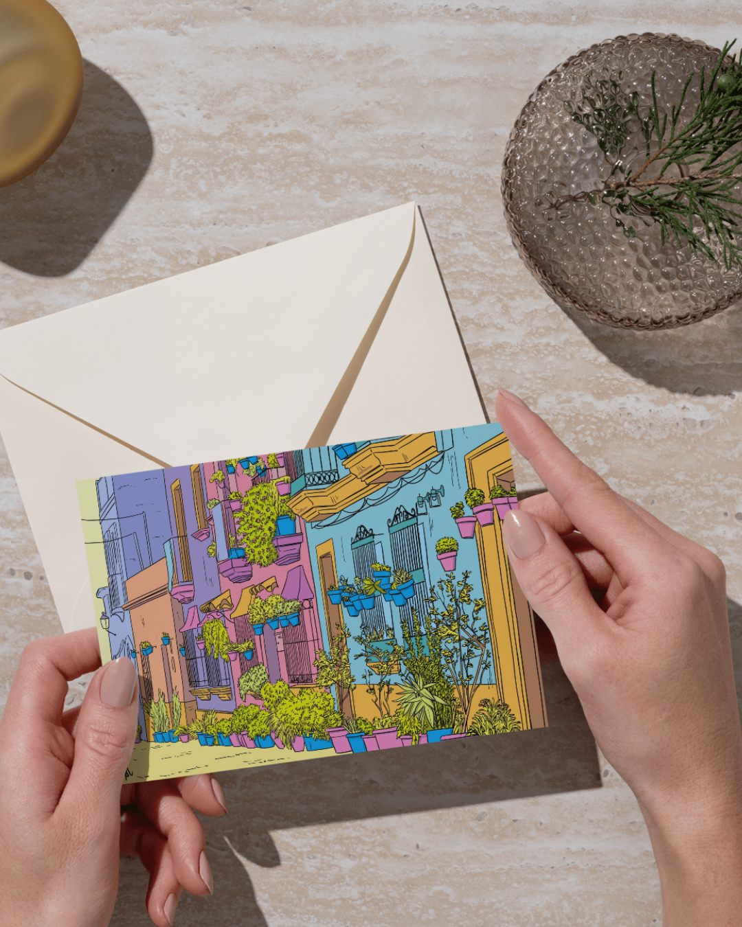 Lámina Barbate y su calle con plantas