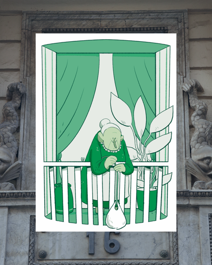 Lámina de Abuela en el balcón verde