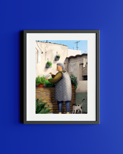 Grandmother watering the plants print