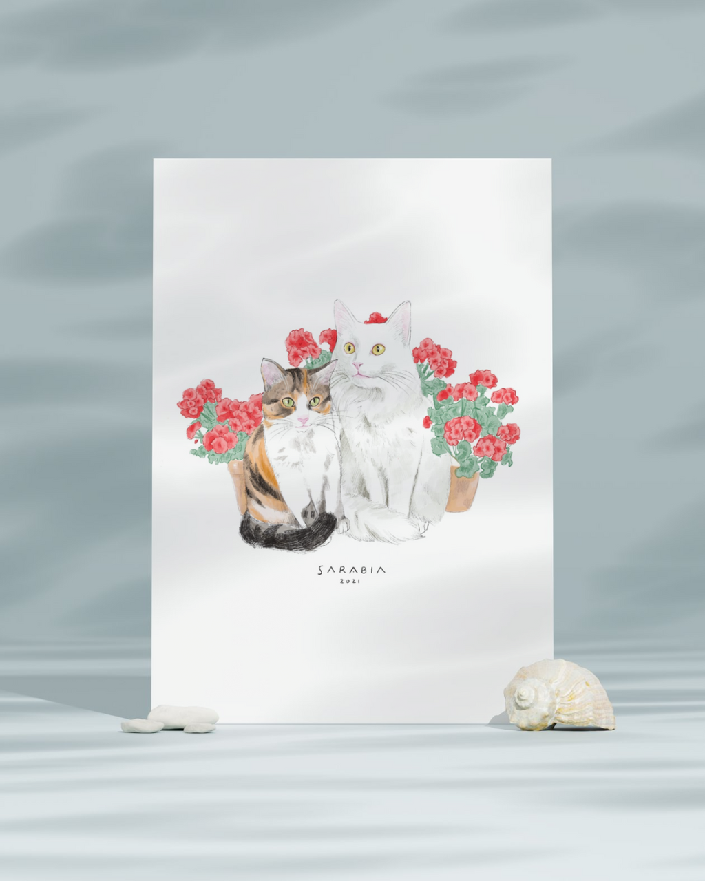 Lámina Gato blanco y gato marrón con rosas