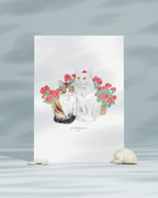 Lámina Gato blanco y gato marrón con rosas