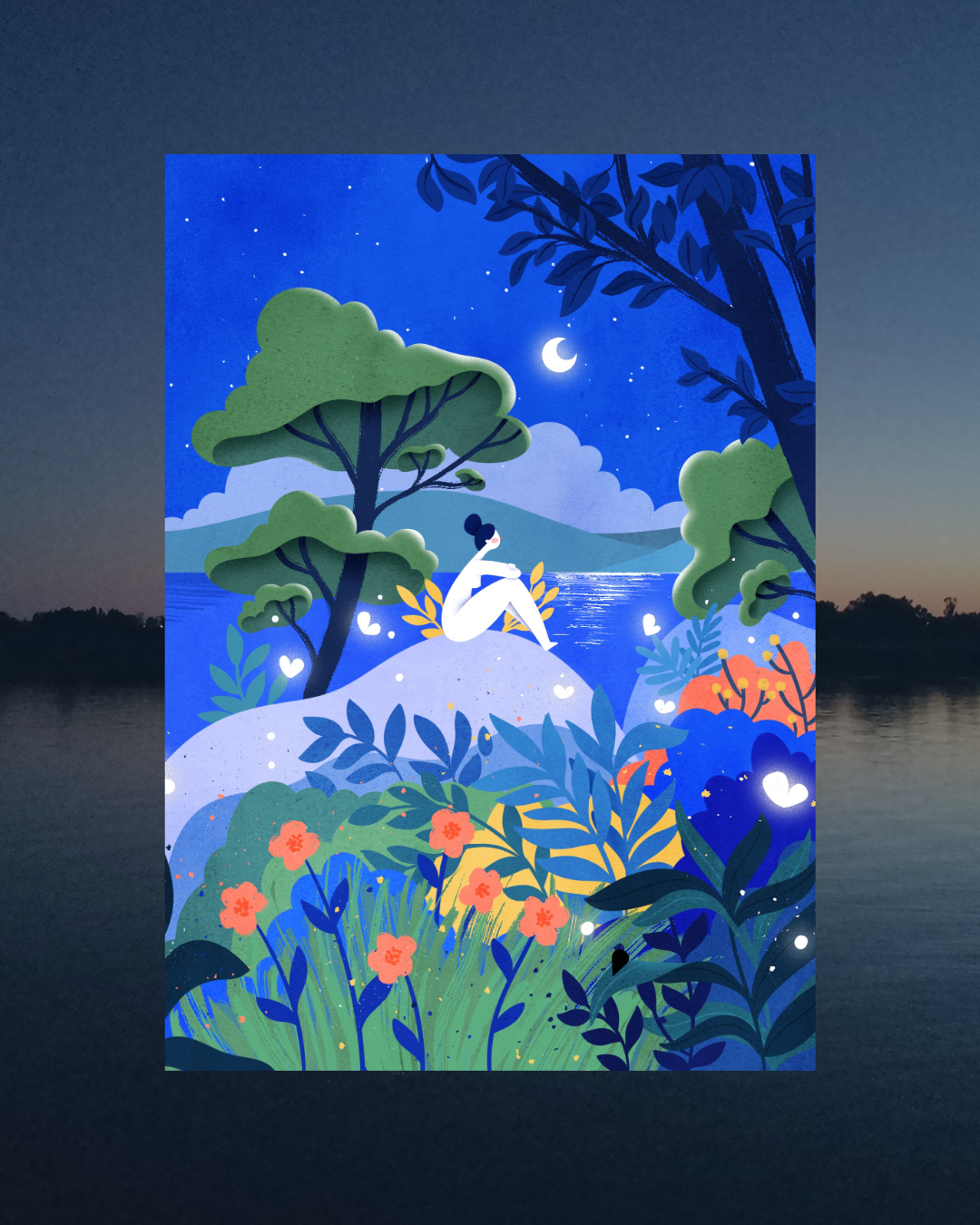 Lámina chica luna en el lago