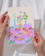 Lámina merienda con flores (fondo beige A5)