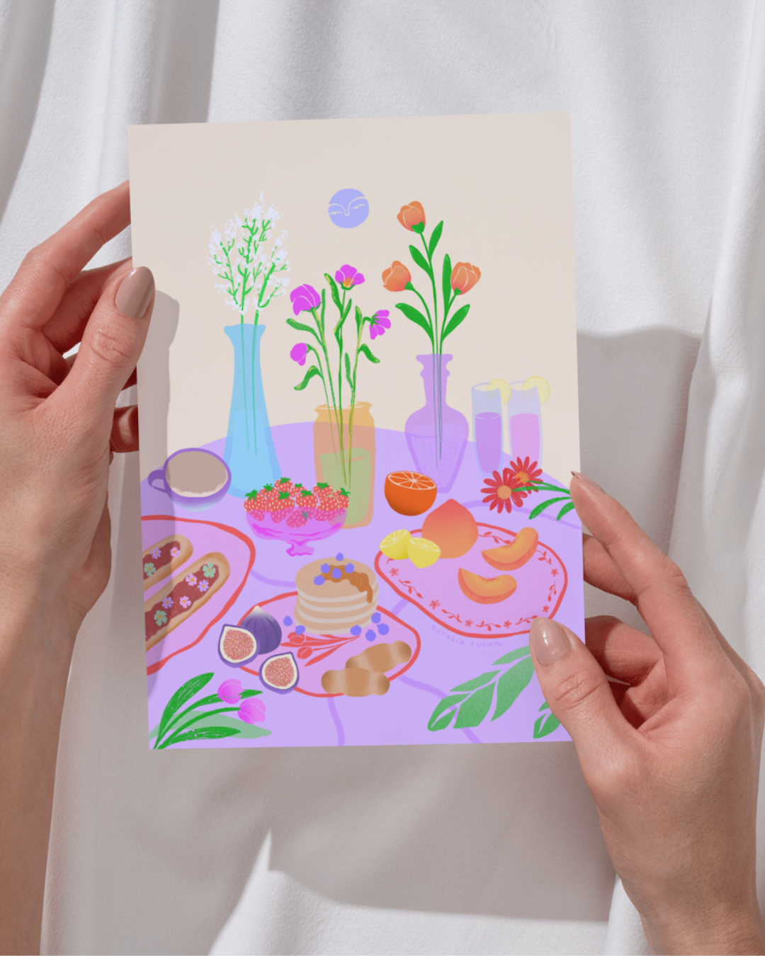 Lámina merienda con flores (fondo beige A5)