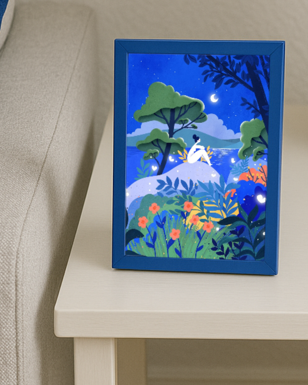 Lámina chica luna en el lago