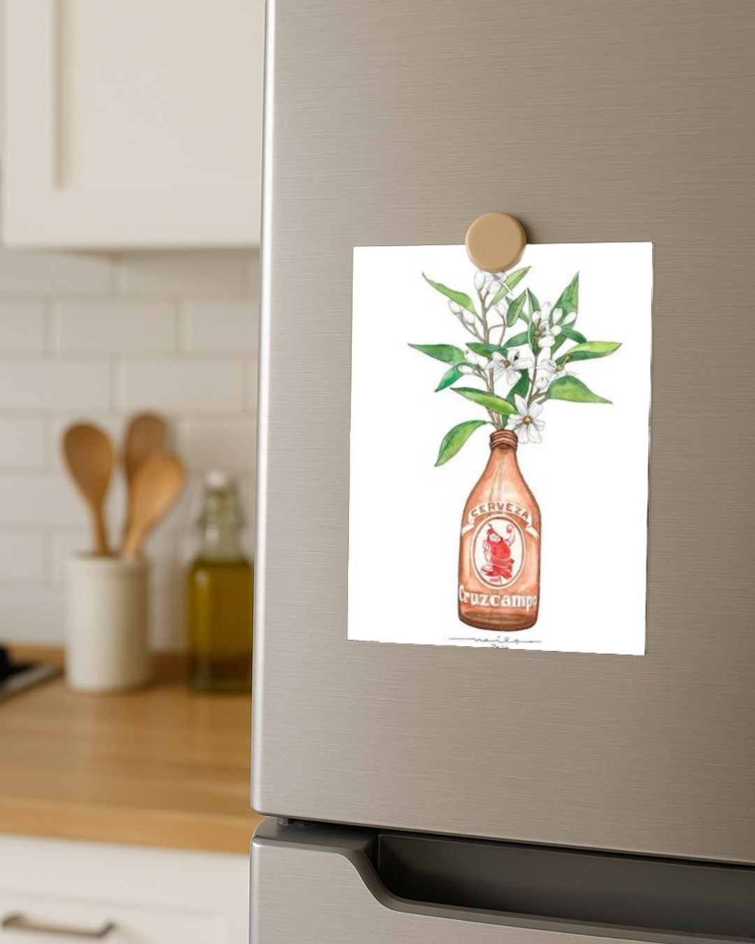 Lámina Botellín Cruzcampo con flores de azahar