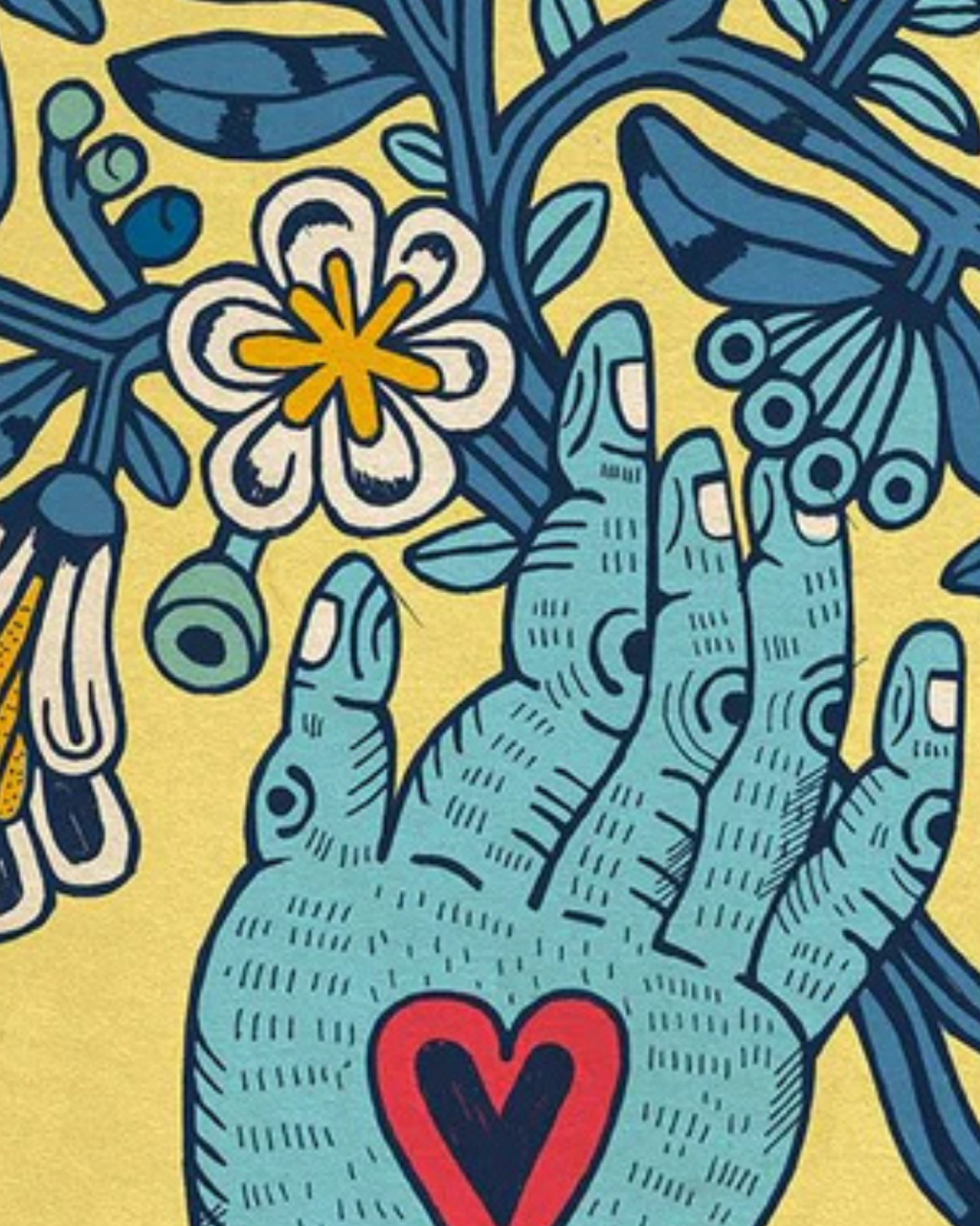 Lámina Mano azul - fondo amarillo