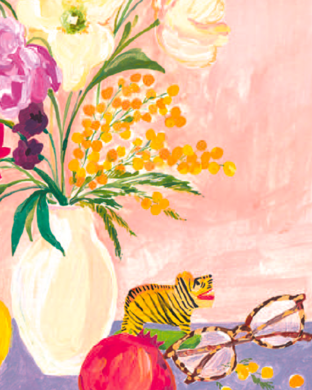 Lámina Jarrón de flores, tigre, limón, gafas