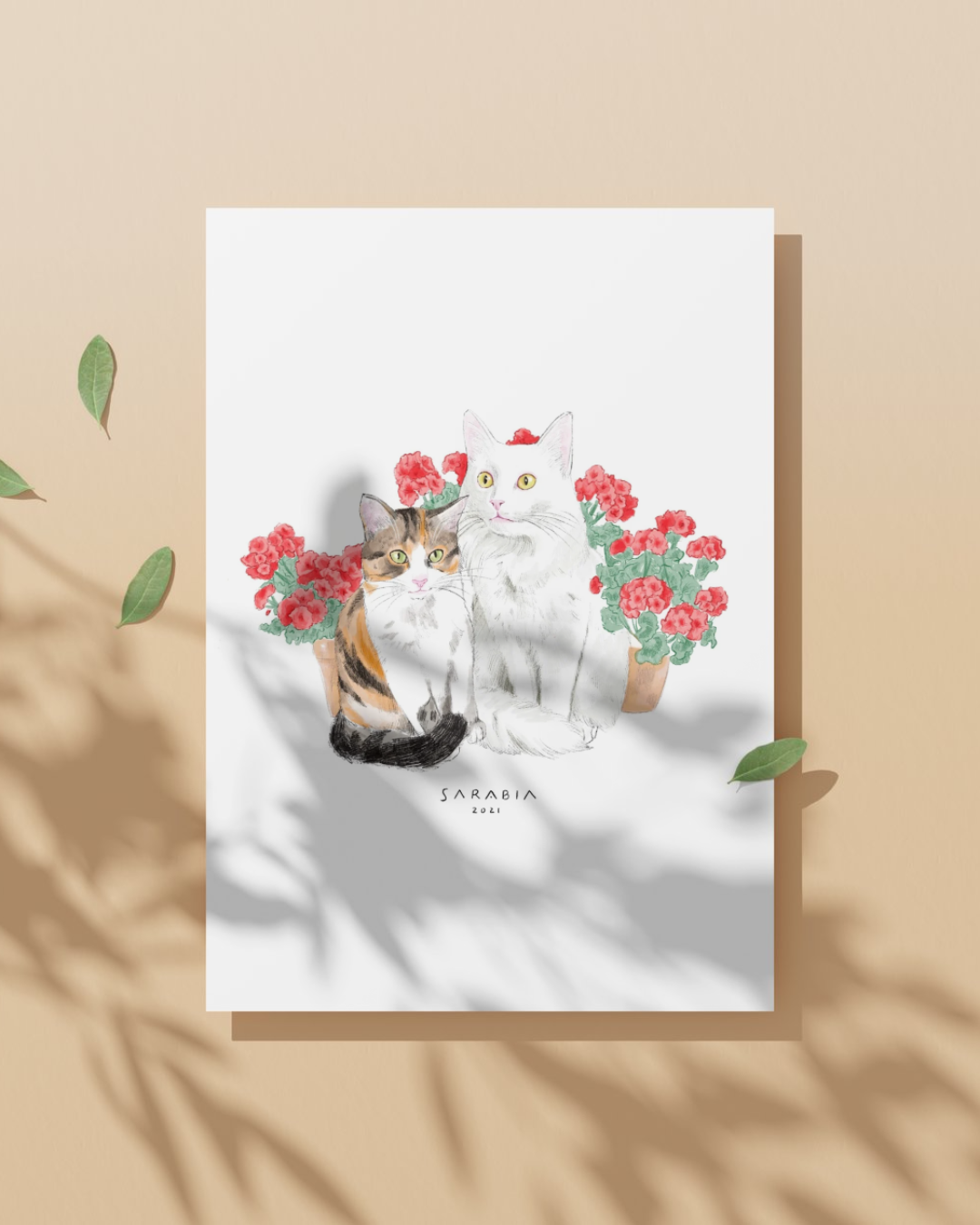 Lámina Gato blanco y gato marrón con rosas
