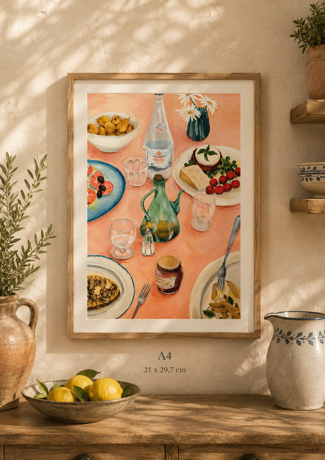 Lámina A mesa puesta: aceitera, champiñones, pasta, tomate, queso...