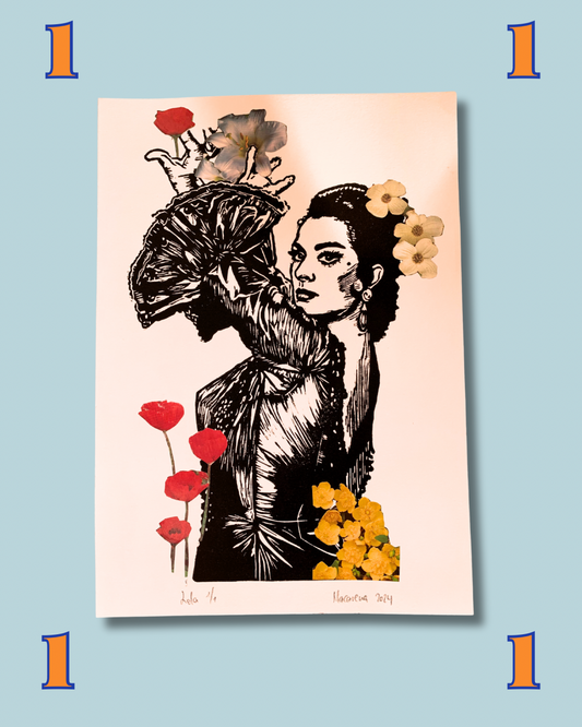 Lámina Lola con Flores - Collage Linóleo