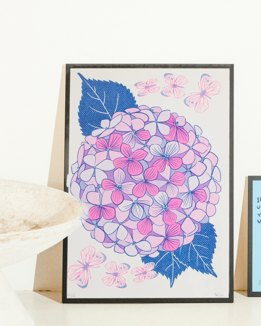 Lámina Hortensias rosas risografía