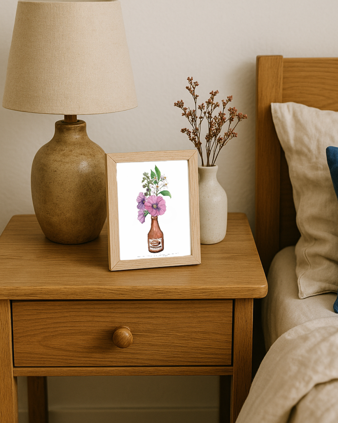 Lámina botellín Estrella Levante con flores moradas Malvones