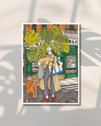 Lámina Mujer con monstera y perro