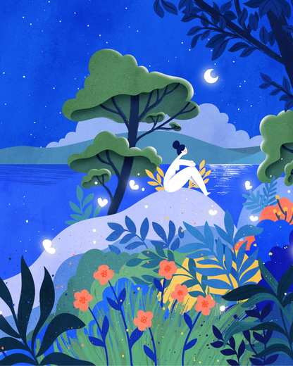 Lámina chica luna en el lago