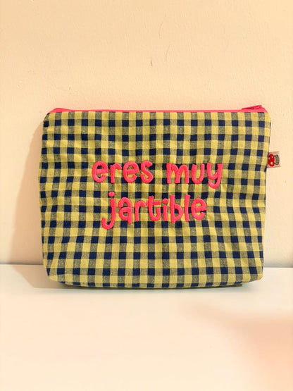 Vichy verde azul letra rosa - eres muy jartible - Neceser