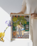 Lámina Mujer con monstera y perro
