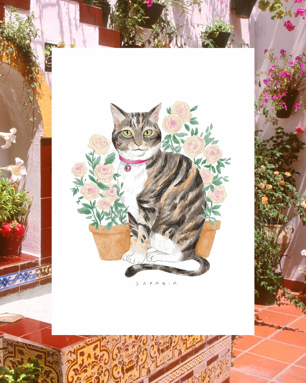Lámina Gato gris y marrón con plantas